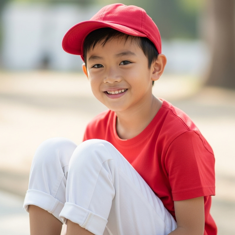Smiling Asian Boy in Red Hat and Tee with White Jeans Smiling Asian Boy in Red Hat and Tee with White Jeans