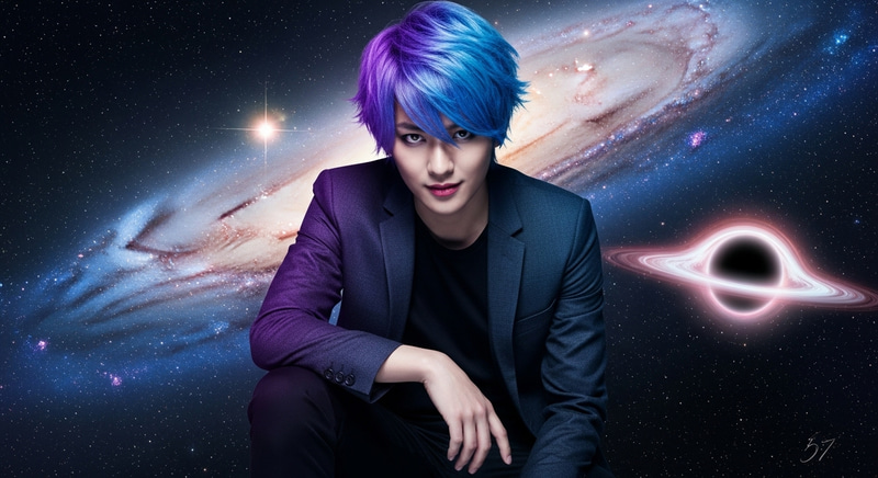 Galactic Villain | Blue-Purple Hair Hero-Villain in Cosmic Setting Galactic Villain | Blue-Purple Hair Hero-Villain in Cosmic Setting