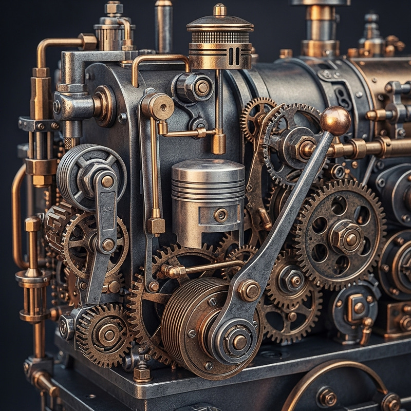 Steampunk Mechanical Engine: Gears & Piston Intricacies Steampunk Mechanical Engine: Gears & Piston Intricacies