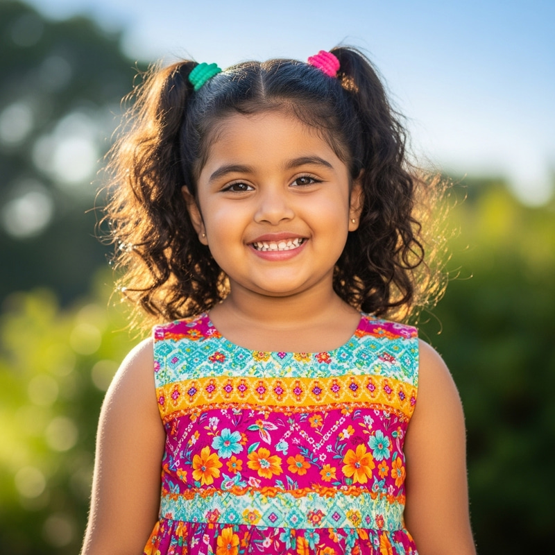 Smiling Little Girl in Colorful Dress, Realistic Portrait