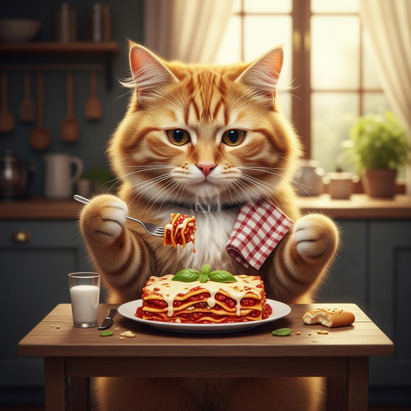 Cat Eating Lasagna - Adorable Feline Enjoying a Meal