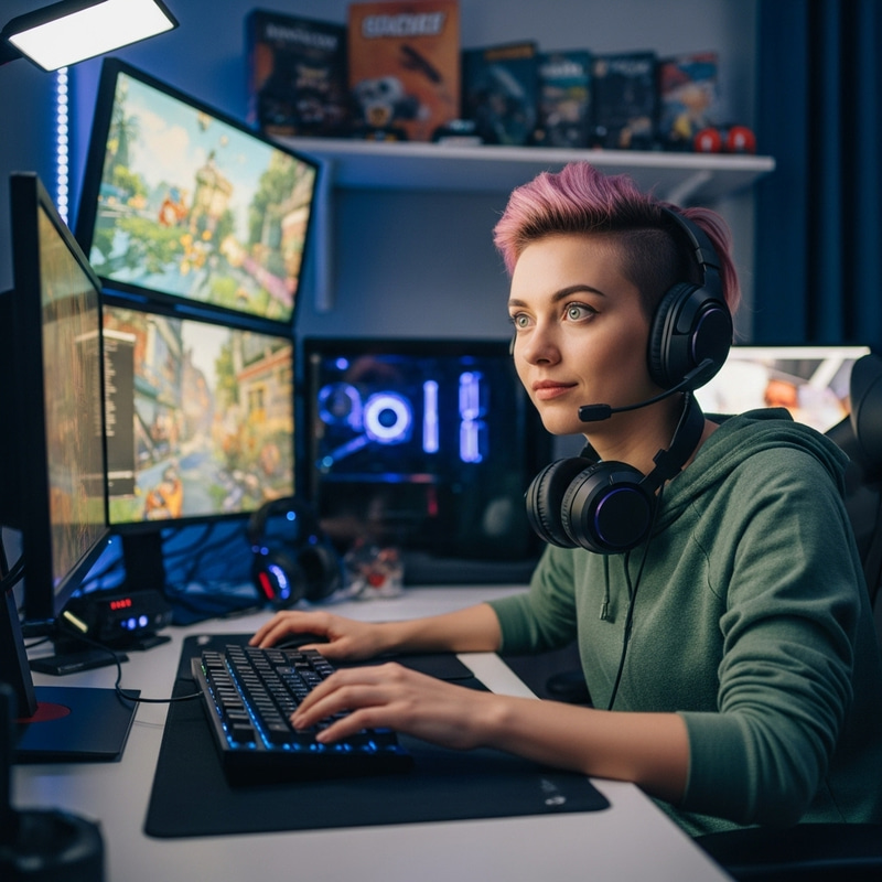 Confident Pink-Haired Gamer in Colorful Game Setup | Gaming Enthusiast