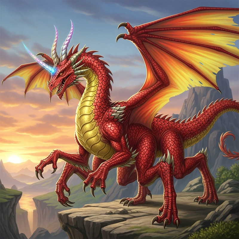 Unique Red Dragon with Unicorn Horns & Eight Legs Unique Red Dragon with Unicorn Horns & Eight Legs