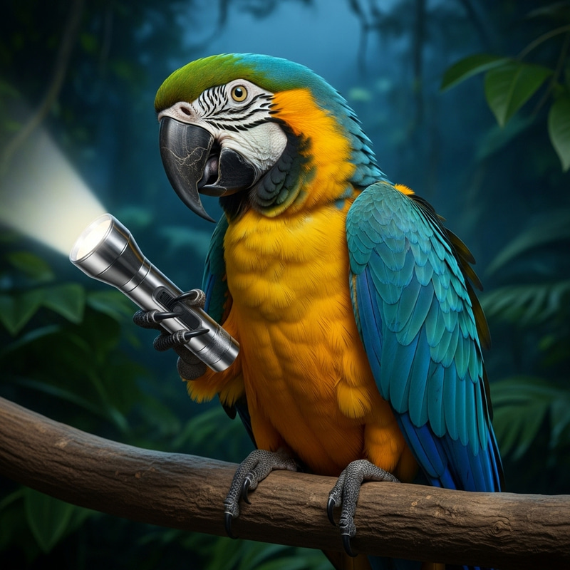 Curious Macaw Parrot Illuminates Night Jungle with Flashlight