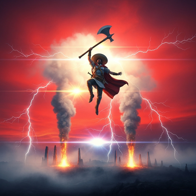 Hispanic Man Wielding Colossal Axe in Crimson Sky | Thrilling Visual