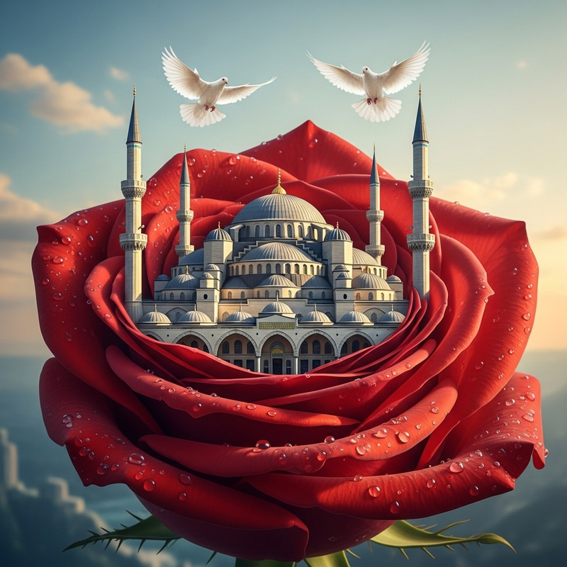 Ottoman White Mosque in Red Rose | Birds in Flight Ottoman White Mosque in Red Rose | Birds in Flight