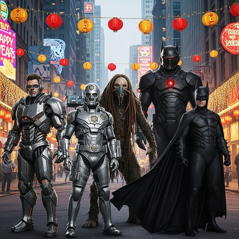 Urban New Year Celebration with Iconic Characters Urban New Year Celebration with Iconic Characters