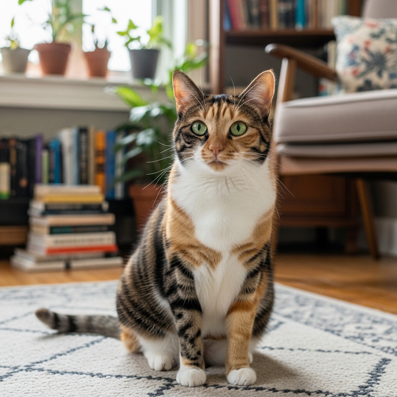 Beautiful Calico Cat on Plush Rug - Cozy Room Scene Beautiful Calico Cat on Plush Rug - Cozy Room Scene