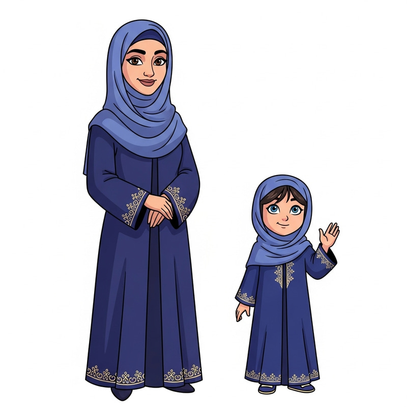 Muslim Mother and Daughter Cartoon Characters