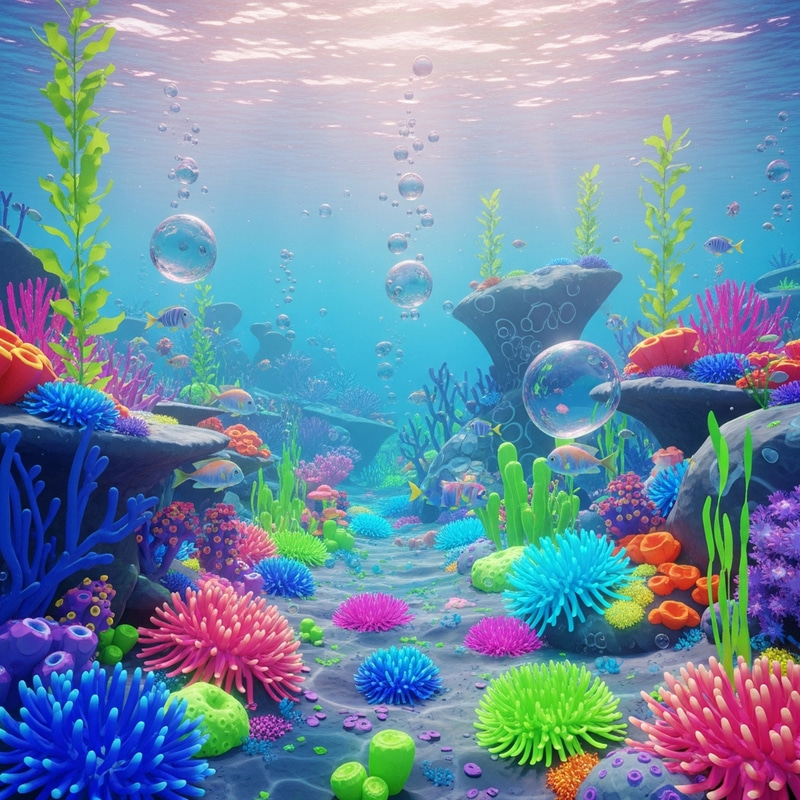 Y2K Underwater Scene: Seabed, Corals, and Bubbles Y2K Underwater Scene: Seabed, Corals, and Bubbles