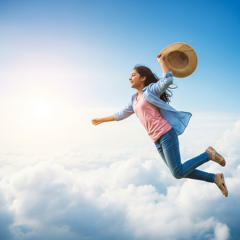 Girl Flying in Sky with Hat in Hand | Serene Sunlight Scene Girl Flying in Sky with Hat in Hand | Serene Sunlight Scene