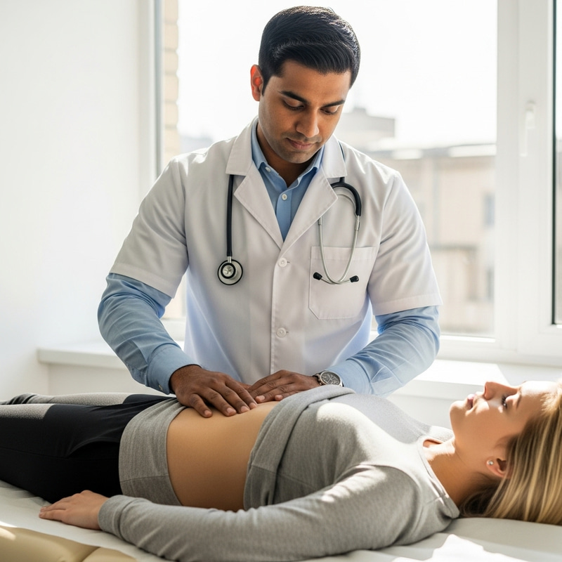 Male Doctor Examining Abdomen of Young Blonde Woman - Medical Examination Photo