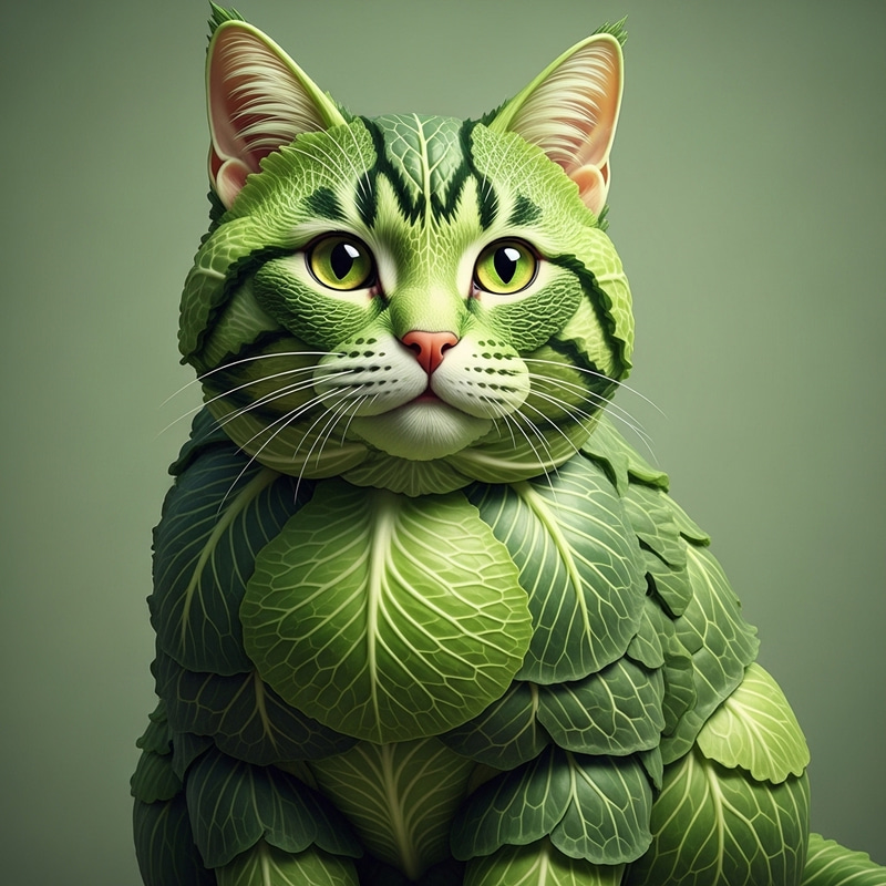 Creative Cat Sculpture from Cabbage - Unique Green Art Creative Cat Sculpture from Cabbage - Unique Green Art