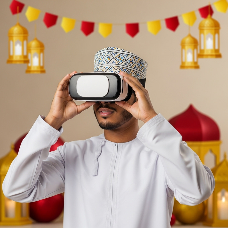 Omani Man in Traditional Attire with VR Glasses at Eid Celebration Omani Man in Traditional Attire with VR Glasses at Eid Celebration