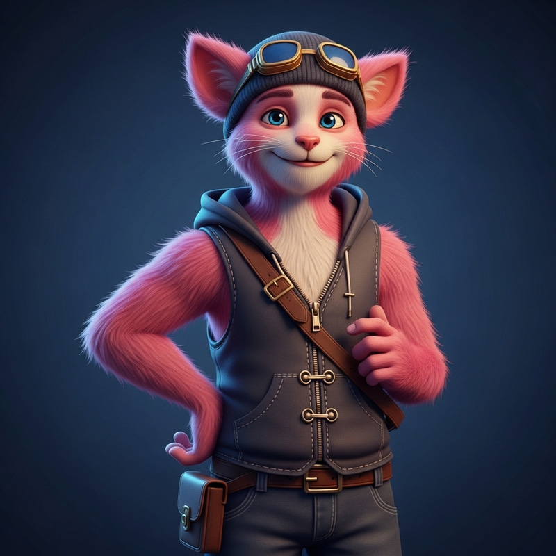 Imaginative Pink Furry Humanoid Character Design with Expressive Blue Eyes