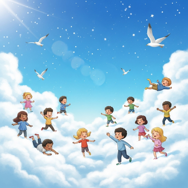 Children Walking on Puffy Clouds | Whimsical Sky Scene Children Walking on Puffy Clouds | Whimsical Sky Scene