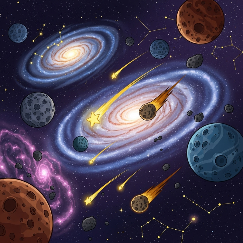 Cartoon Universe Art | Celestial Playfulness with Colorful Galaxies Cartoon Universe Art | Celestial Playfulness with Colorful Galaxies