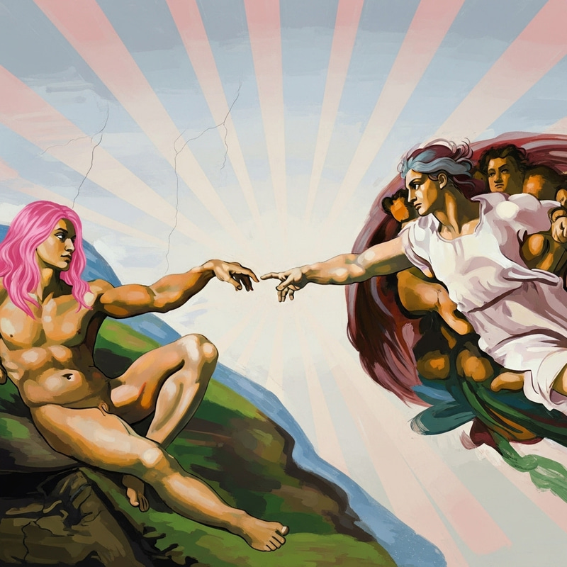 The Creation of Adam Reimagined: Pink-Haired Twist in Pop Art Style The Creation of Adam Reimagined: Pink-Haired Twist in Pop Art Style