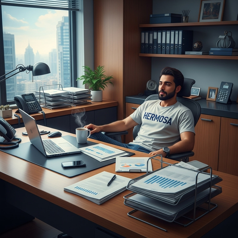 Middle-Eastern Man Sitting in Modern Office with HERMOSA T-Shirt Middle-Eastern Man Sitting in Modern Office with HERMOSA T-Shirt