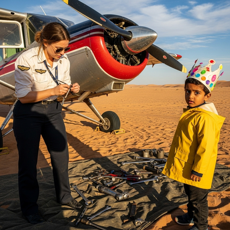 Pilot Repairing Airplane in Desert Scene with Boy Watching Pilot Repairing Airplane in Desert Scene with Boy Watching