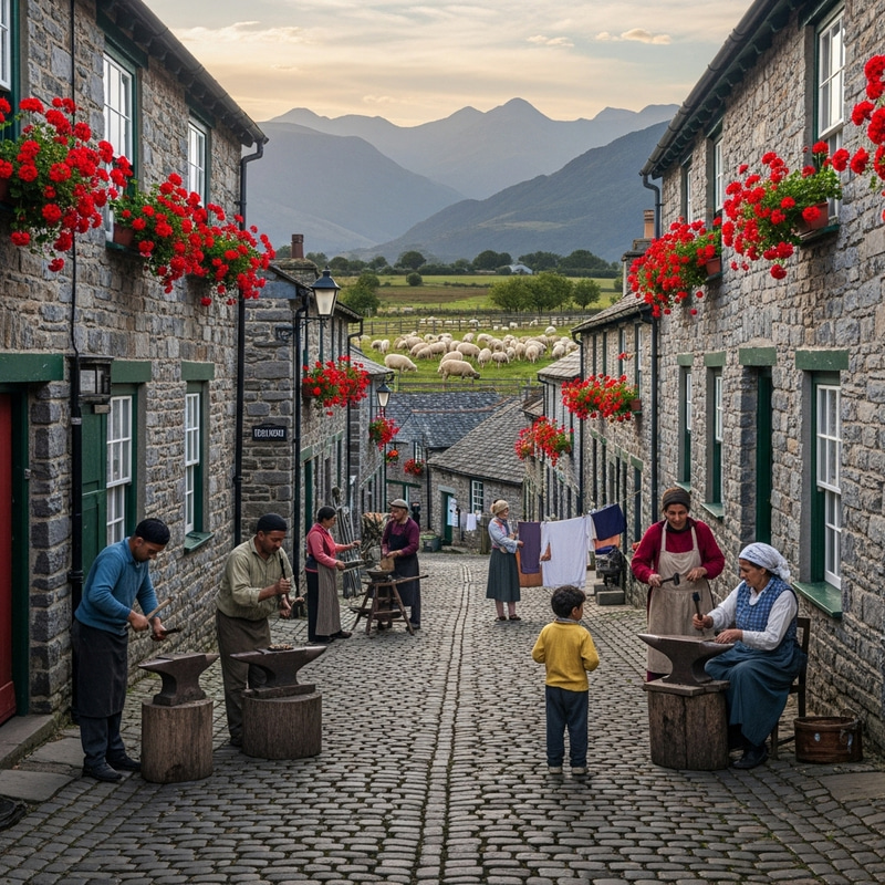 Timeless Traditional Village Scene with Vibrant Geranium Flowers and Lively Atmosphere