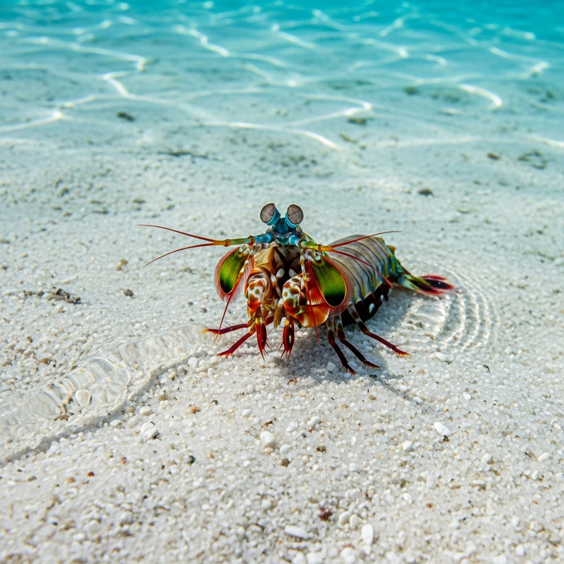 Realistic Hyperrealistic Mantis Shrimp on White Sand in Clear Water Realistic Hyperrealistic Mantis Shrimp on White Sand in Clear Water