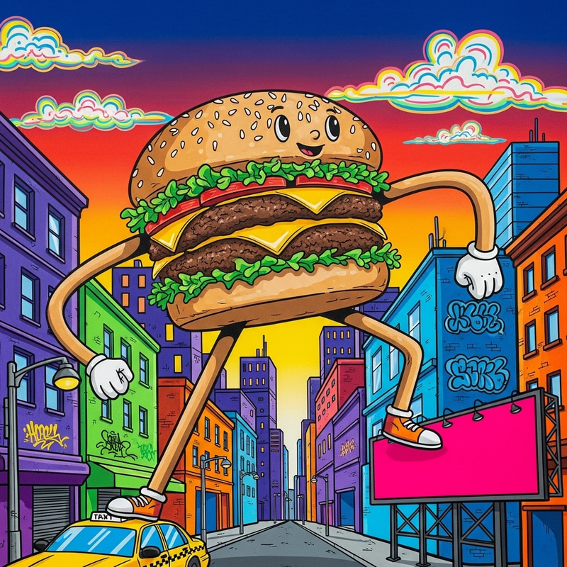 Vibrant Urban Mural: Cartoon Hamburger Strolling Through Colorful City