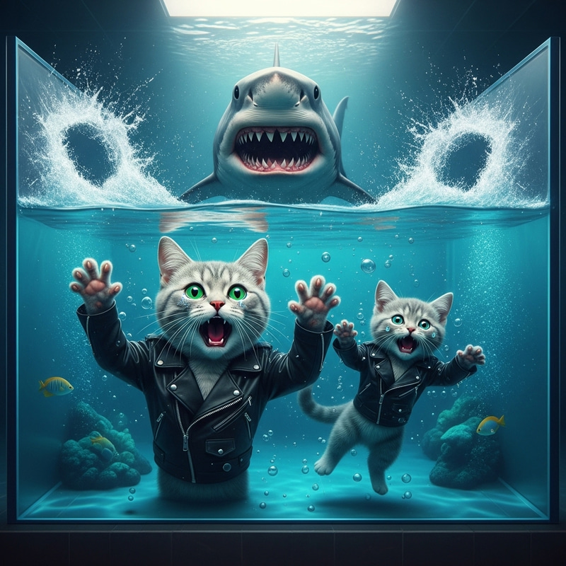 Fierce Shark Attack: Grey Cat & Kitten in Desperate Struggle Fierce Shark Attack: Grey Cat & Kitten in Desperate Struggle