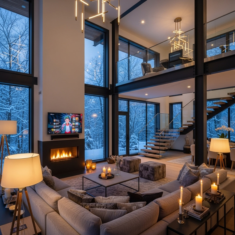 Luxurious Modern Living Room with Expansive Glass Windows and Warm Fireplace Luxurious Modern Living Room with Expansive Glass Windows and Warm Fireplace