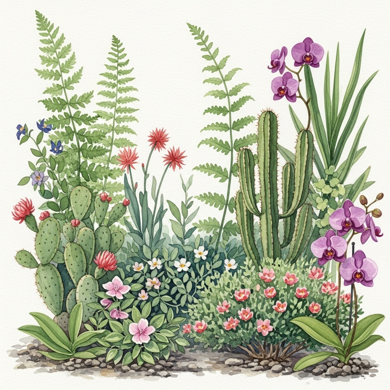 Botanical Tableau: Diverse Plants in Watercolor Art Botanical Tableau: Diverse Plants in Watercolor Art