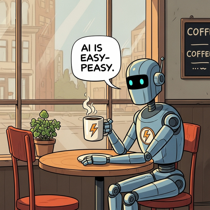 Sci-Fi Cartoon: Robot Enjoying Hot Coffee with Lightning Bolt Mug Sci-Fi Cartoon: Robot Enjoying Hot Coffee with Lightning Bolt Mug