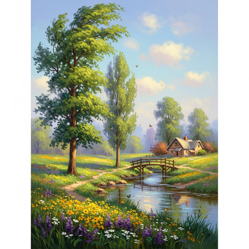 Springtime Impressionism - Tranquil Landscape with Lush Trees & Wildflowers Springtime Impressionism - Tranquil Landscape with Lush Trees & Wildflowers