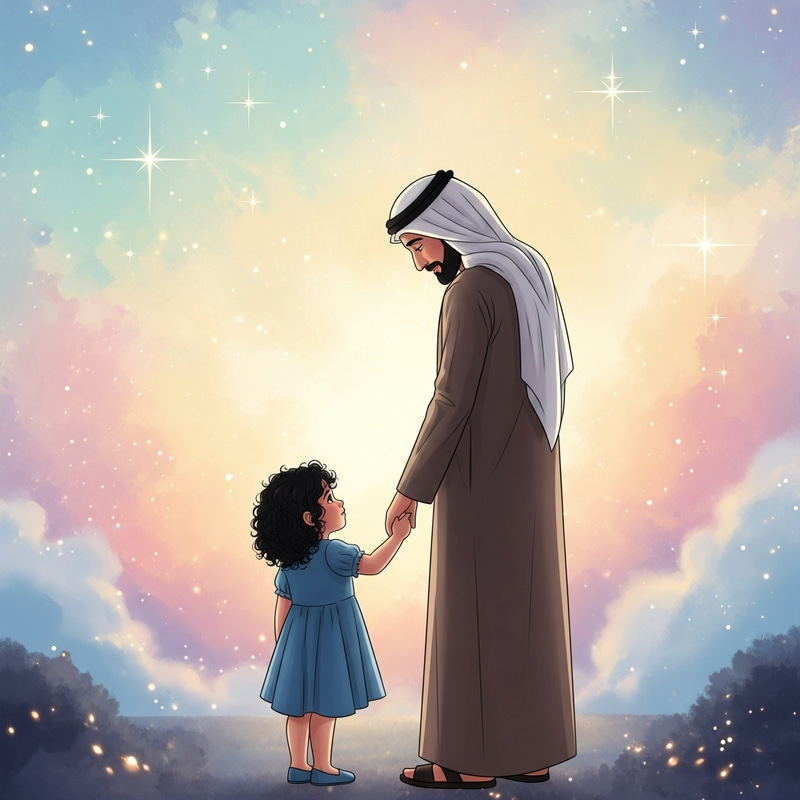 Middle-Eastern Father and Daughter Hand in Hand | Tranquil Dreamy Background Middle-Eastern Father and Daughter Hand in Hand | Tranquil Dreamy Background