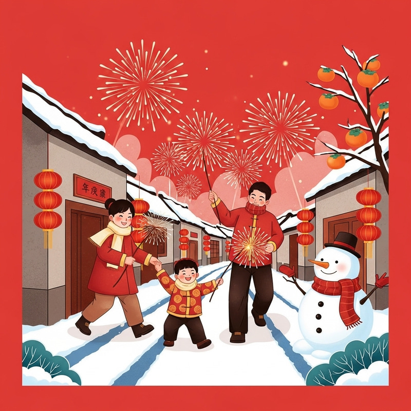 Snowy Village Scene with Chinese Family, Snowman, and Festive Decor Snowy Village Scene with Chinese Family, Snowman, and Festive Decor