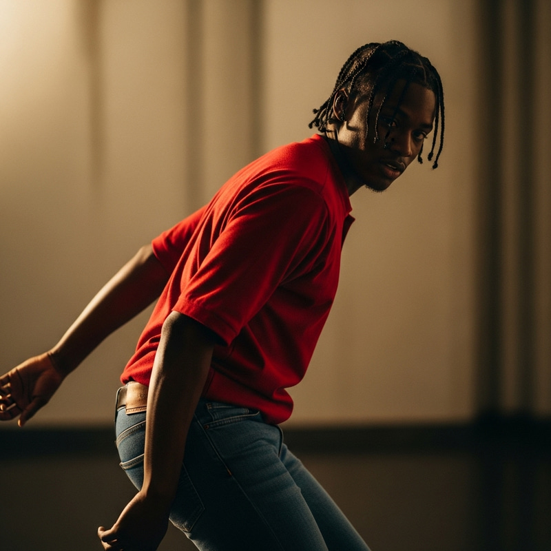 Black Man in Red Shirt Braids Blue Jeans