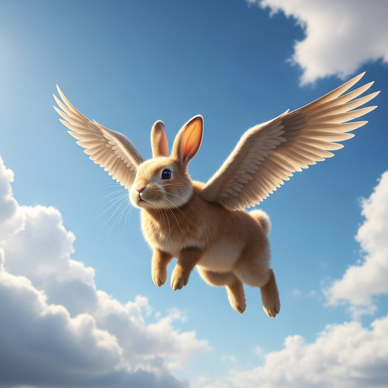 Magical Rabbit with Wings Flying in Clear Sky Magical Rabbit with Wings Flying in Clear Sky