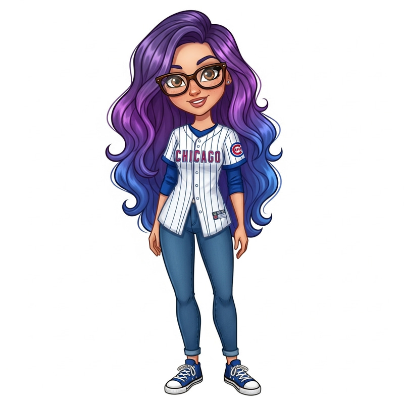 Cartoon Girl with Purple Hair and Cubs Shirt