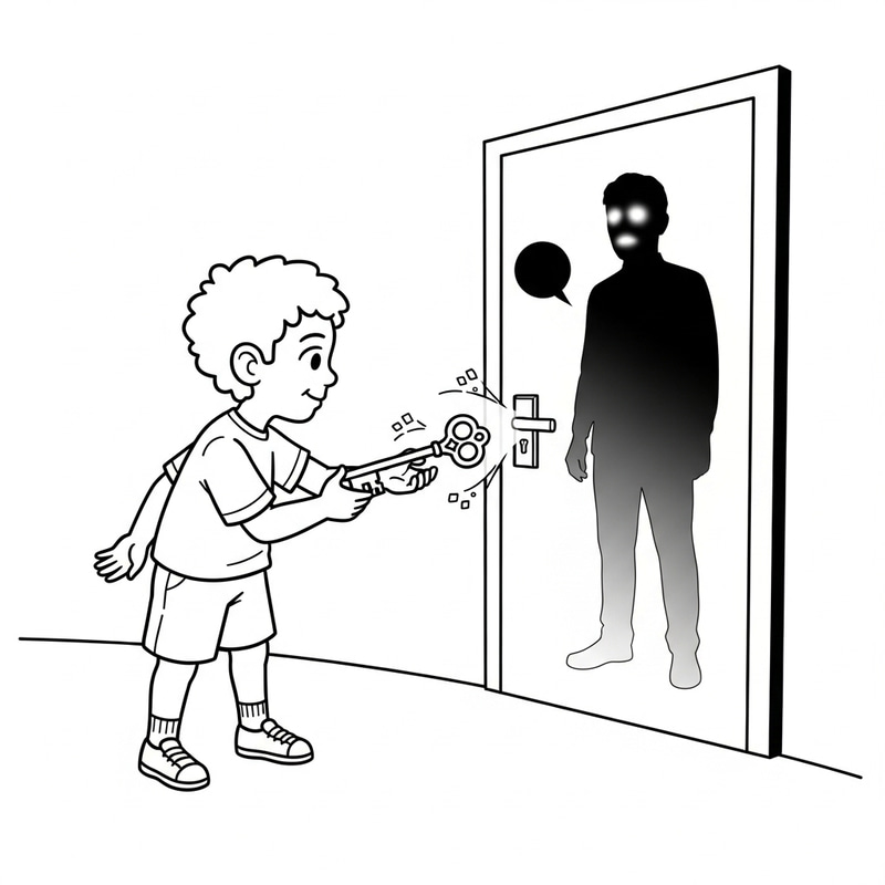 Child Unlocking Imaginary Door: Coloring Page for Kids