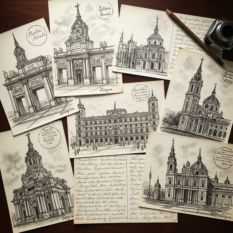 Handwritten Postcards on Antique Paper: Madrid Sketches by Goya