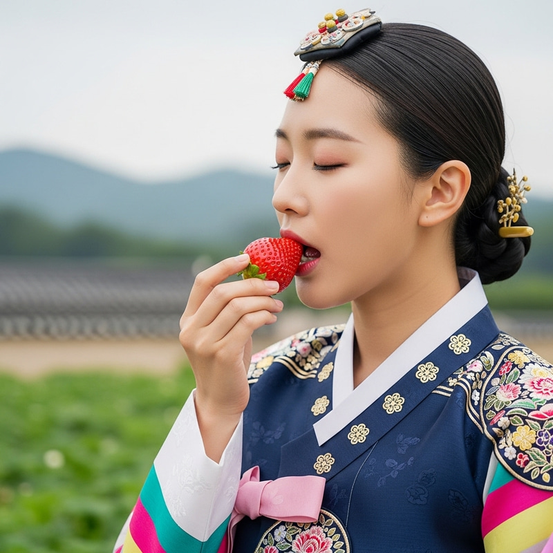 Korean Woman in Hanbok Enjoying Fresh Strawberry Korean Woman in Hanbok Enjoying Fresh Strawberry