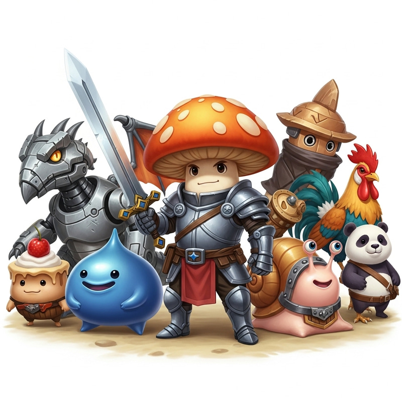 Whimsical Mushroom Swordsman & Fantasy Companions in Armor