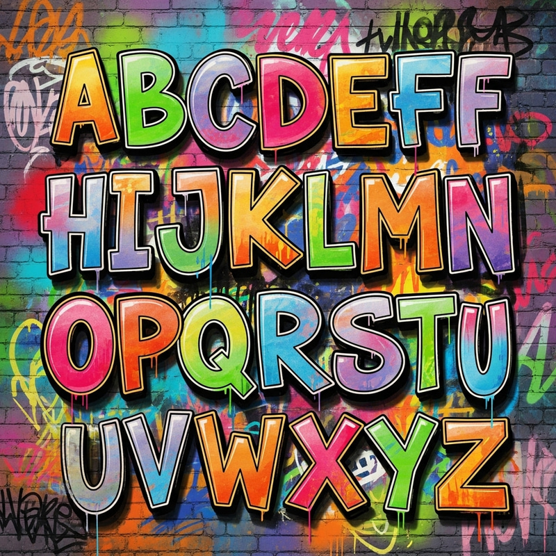 Vibrant Latin Alphabet Composition: Bold Urban Art Display Vibrant Latin Alphabet Composition: Bold Urban Art Display