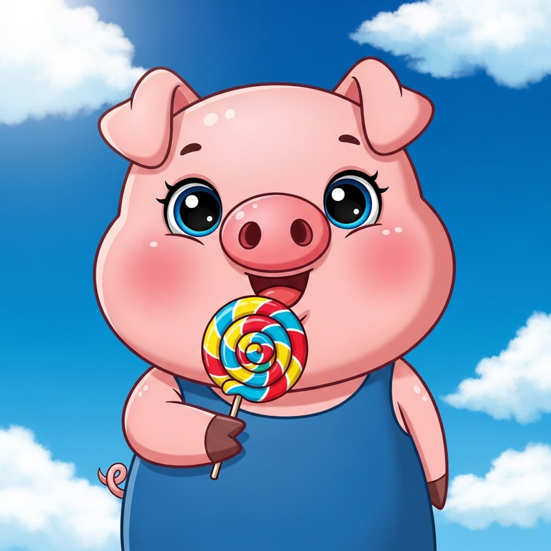 Chubby Pig with Lollipop | Cute Cartoon Baby Piglet in Blue Sky Chubby Pig with Lollipop | Cute Cartoon Baby Piglet in Blue Sky