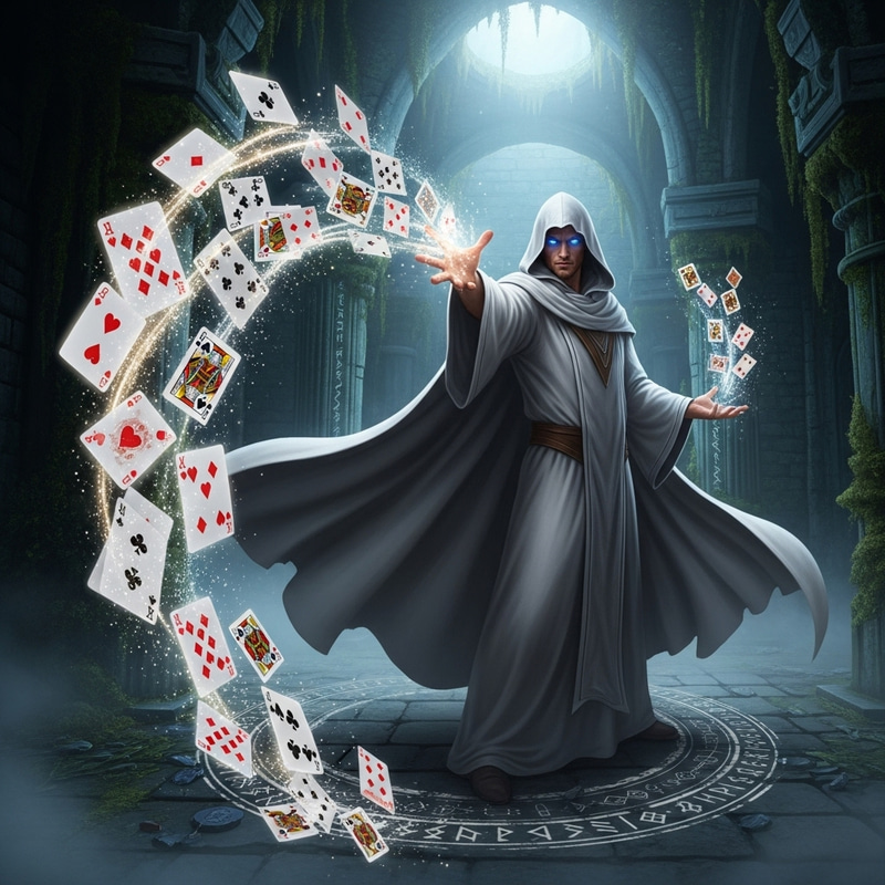 White Wizard Conjuring Enchanted Poker Cards - Magical Image