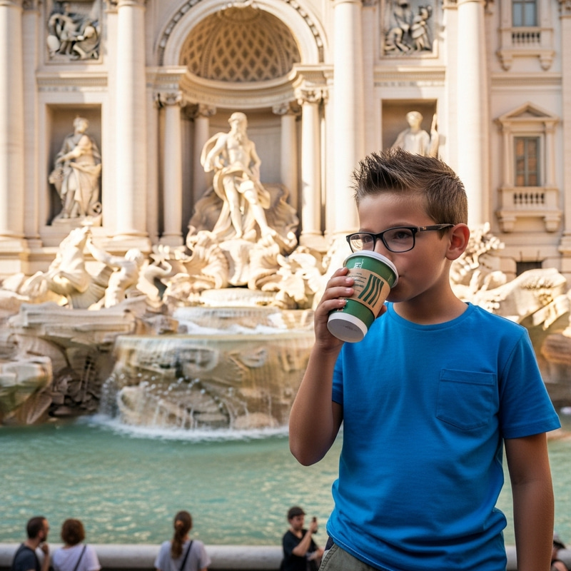 Caucasian Boy Enjoying Coffee at Trevi Fountain Caucasian Boy Enjoying Coffee at Trevi Fountain