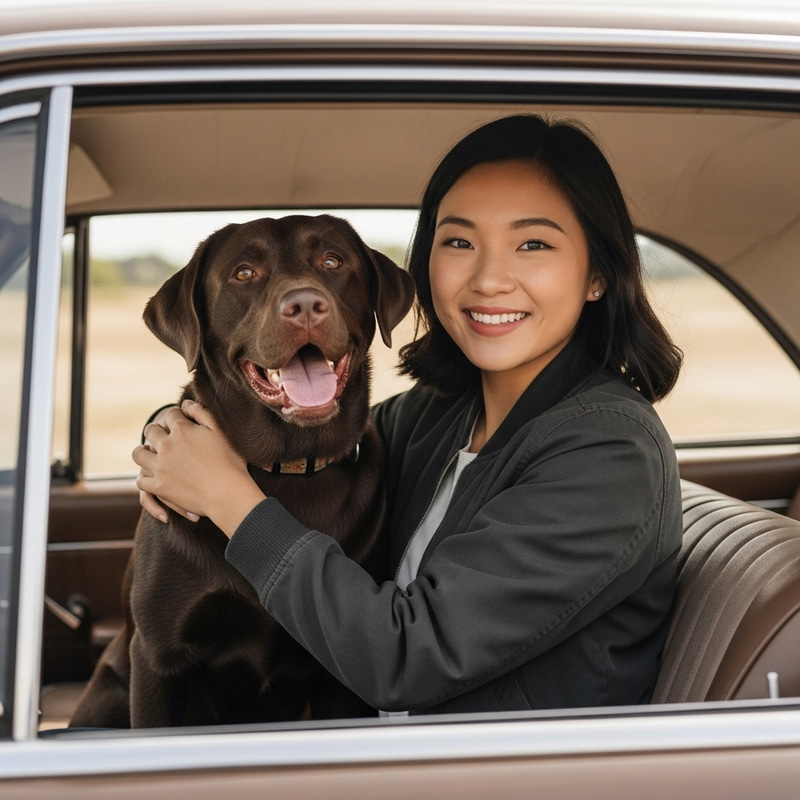 Family-Friendly Animated Poster of Girl with Labrador in Vintage Car Family-Friendly Animated Poster of Girl with Labrador in Vintage Car