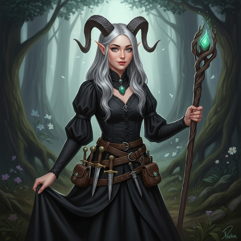 Enchanting Tiefling Sorceress in Gothic Garb | Mystical Forest Fantasy Art Enchanting Tiefling Sorceress in Gothic Garb | Mystical Forest Fantasy Art