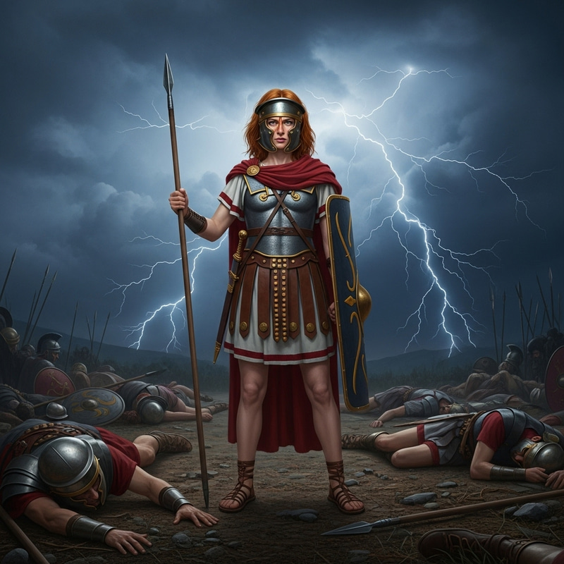 Euthybides: Epic Greek Warrior Amidst Fallen Soldiers in Storm Euthybides: Epic Greek Warrior Amidst Fallen Soldiers in Storm