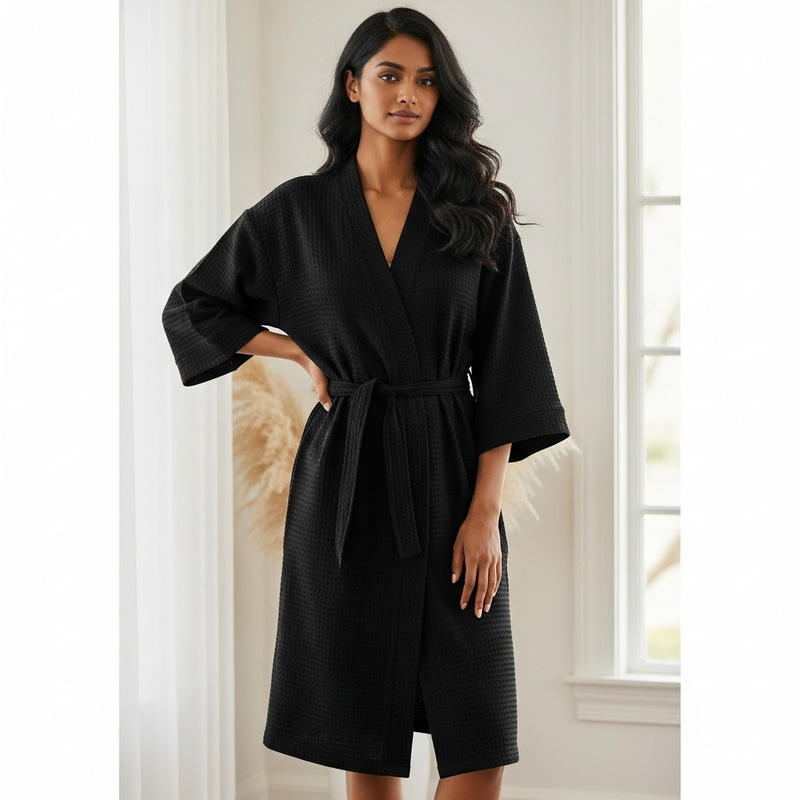 Black Kimono Robe in Waffle Weave Fabric | 3/4 Sleeves | Midi Length Black Kimono Robe in Waffle Weave Fabric | 3/4 Sleeves | Midi Length