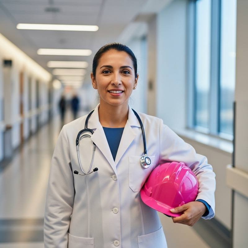 Hispanic Female Doctor in Modern Hospital with Pink Construction Helmet Hispanic Female Doctor in Modern Hospital with Pink Construction Helmet
